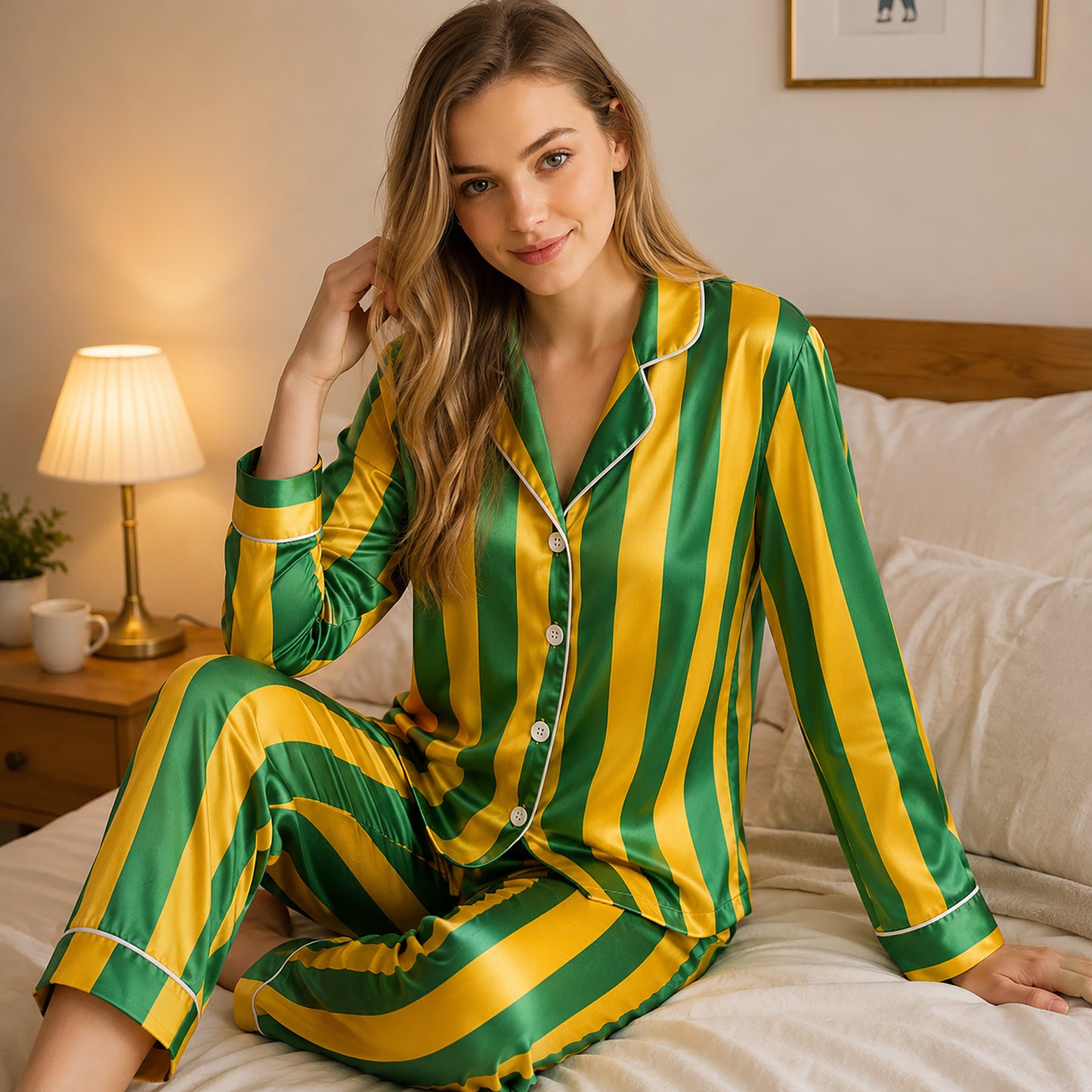 PJ-165-Unisex Satin Pajama Set with Colorful Striped Print Button Down Sleepwear Shirt and Bottoms FREE SHIPING