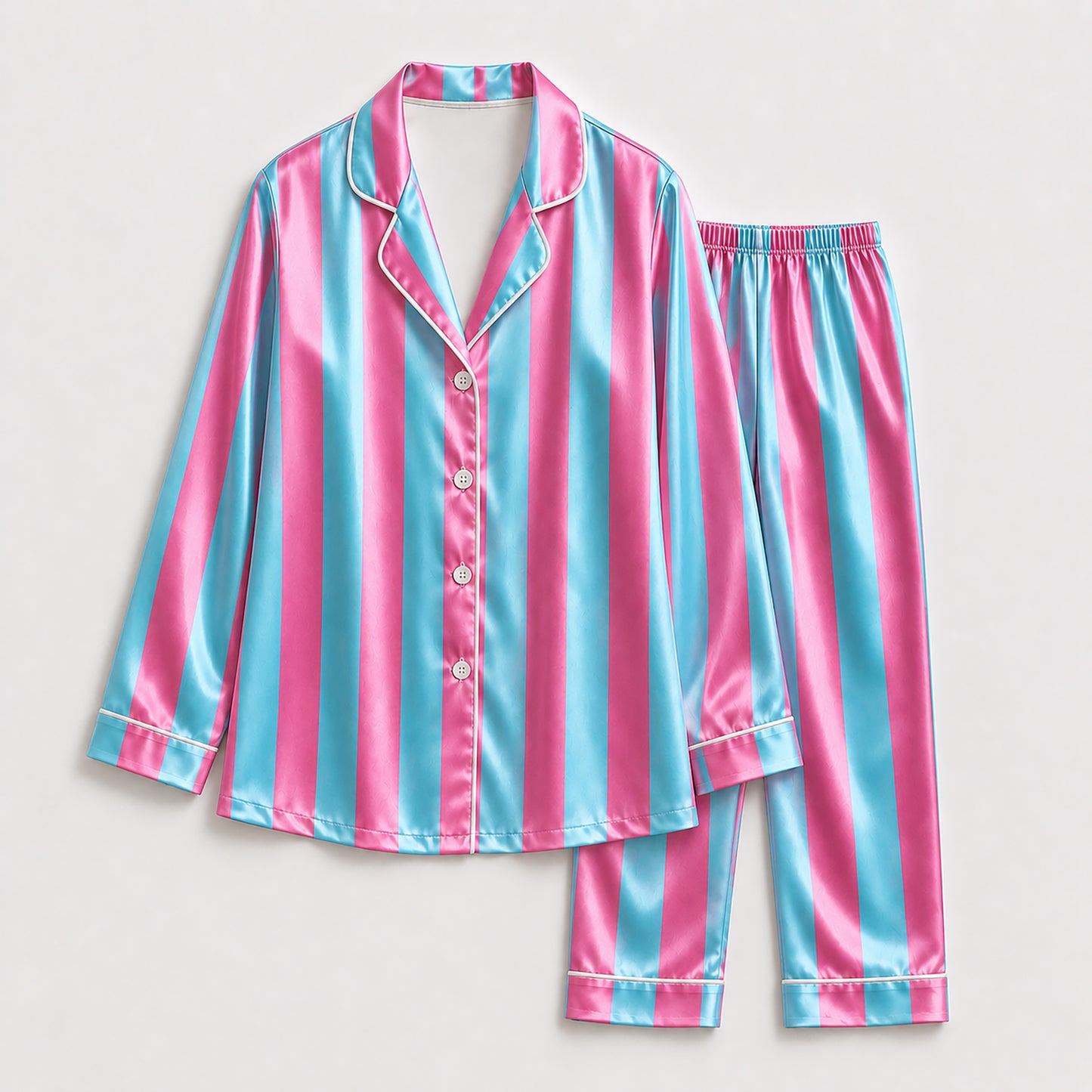 PJ-165-Unisex Satin Pajama Set with Colorful Striped Print Button Down Sleepwear Shirt and Bottoms FREE SHIPING