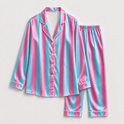 PJ-165-Unisex Satin Pajama Set with Colorful Striped Print Button Down Sleepwear Shirt and Bottoms FREE SHIPING