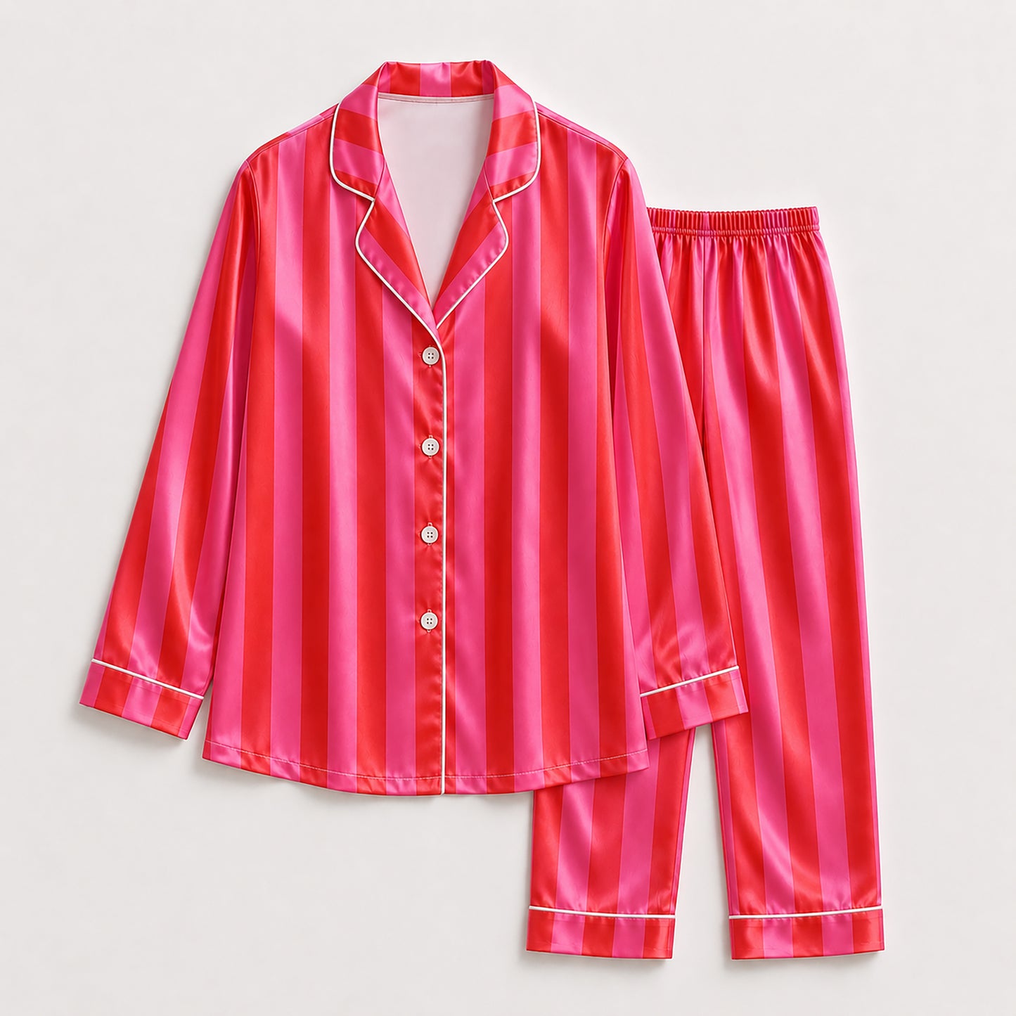 PJ-165-Unisex Satin Pajama Set with Colorful Striped Print Button Down Sleepwear Shirt and Bottoms FREE SHIPING