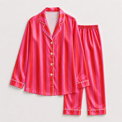 PJ-165-Unisex Satin Pajama Set with Colorful Striped Print Button Down Sleepwear Shirt and Bottoms FREE SHIPING