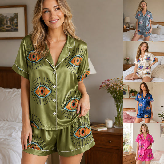 PJ-166-Unisex Satin Pajama Set with Evil Eye Boho Print Button Down Sleepwear Shirt and Bottoms FREE SHIPING