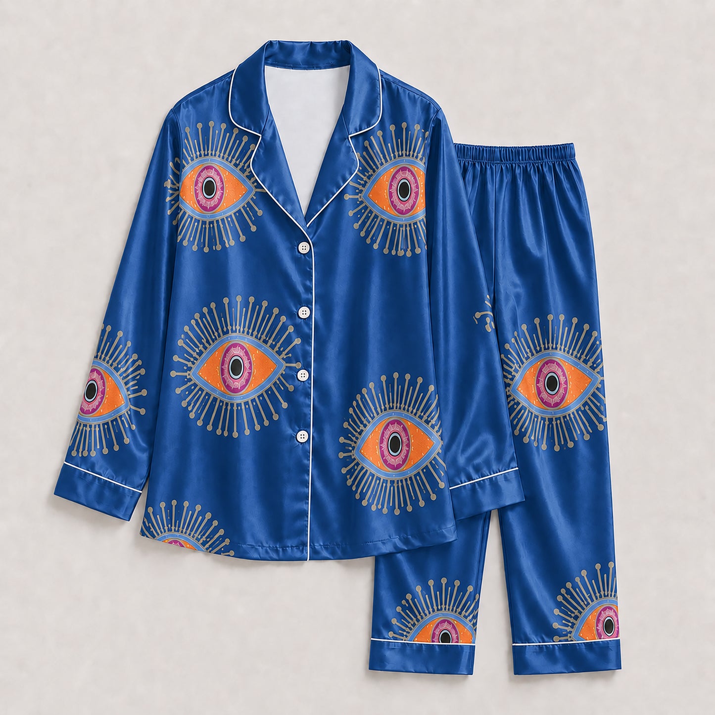 PJ-166-Unisex Satin Pajama Set with Evil Eye Boho Print Button Down Sleepwear Shirt and Bottoms FREE SHIPING