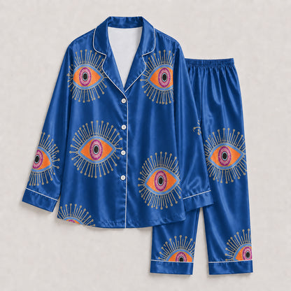 PJ-166-Unisex Satin Pajama Set with Evil Eye Boho Print Button Down Sleepwear Shirt and Bottoms FREE SHIPING