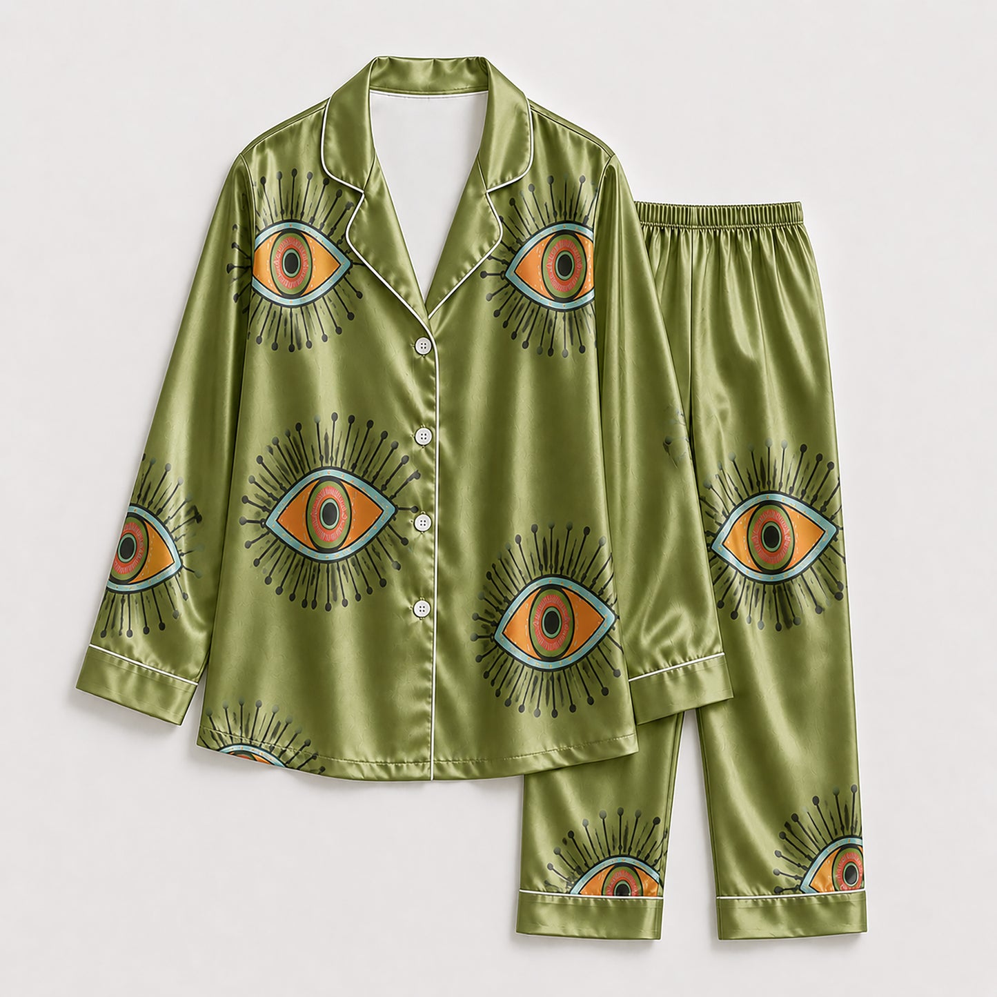 PJ-166-Unisex Satin Pajama Set with Evil Eye Boho Print Button Down Sleepwear Shirt and Bottoms FREE SHIPING