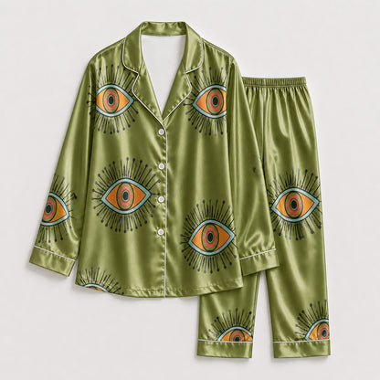 PJ-166-Unisex Satin Pajama Set with Evil Eye Boho Print Button Down Sleepwear Shirt and Bottoms FREE SHIPING