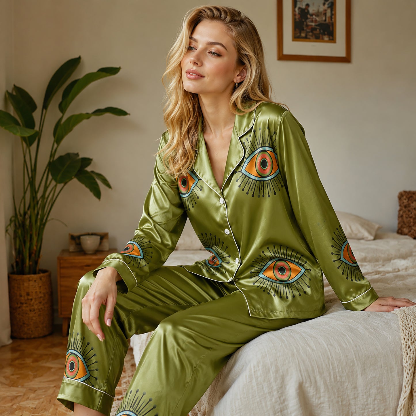 PJ-166-Unisex Satin Pajama Set with Evil Eye Boho Print Button Down Sleepwear Shirt and Bottoms FREE SHIPING