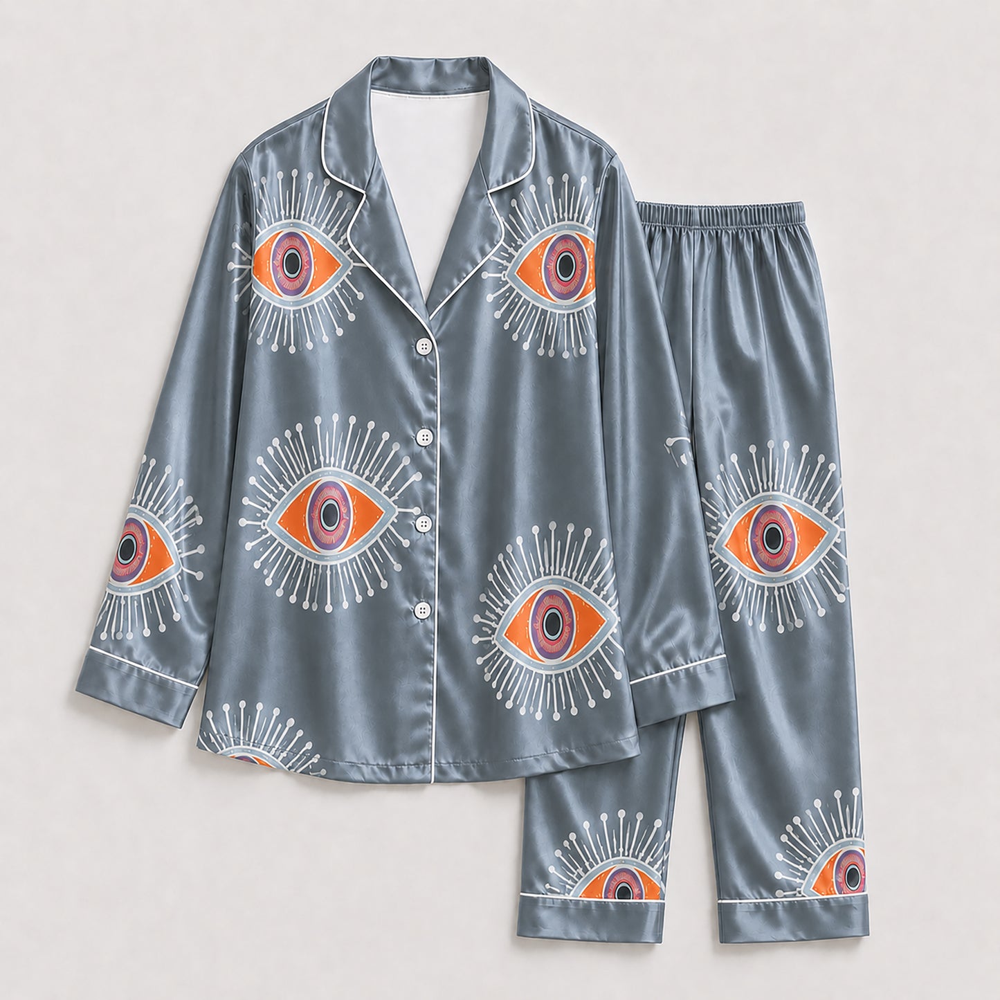 PJ-166-Unisex Satin Pajama Set with Evil Eye Boho Print Button Down Sleepwear Shirt and Bottoms FREE SHIPING