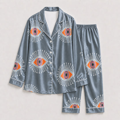 PJ-166-Unisex Satin Pajama Set with Evil Eye Boho Print Button Down Sleepwear Shirt and Bottoms FREE SHIPING