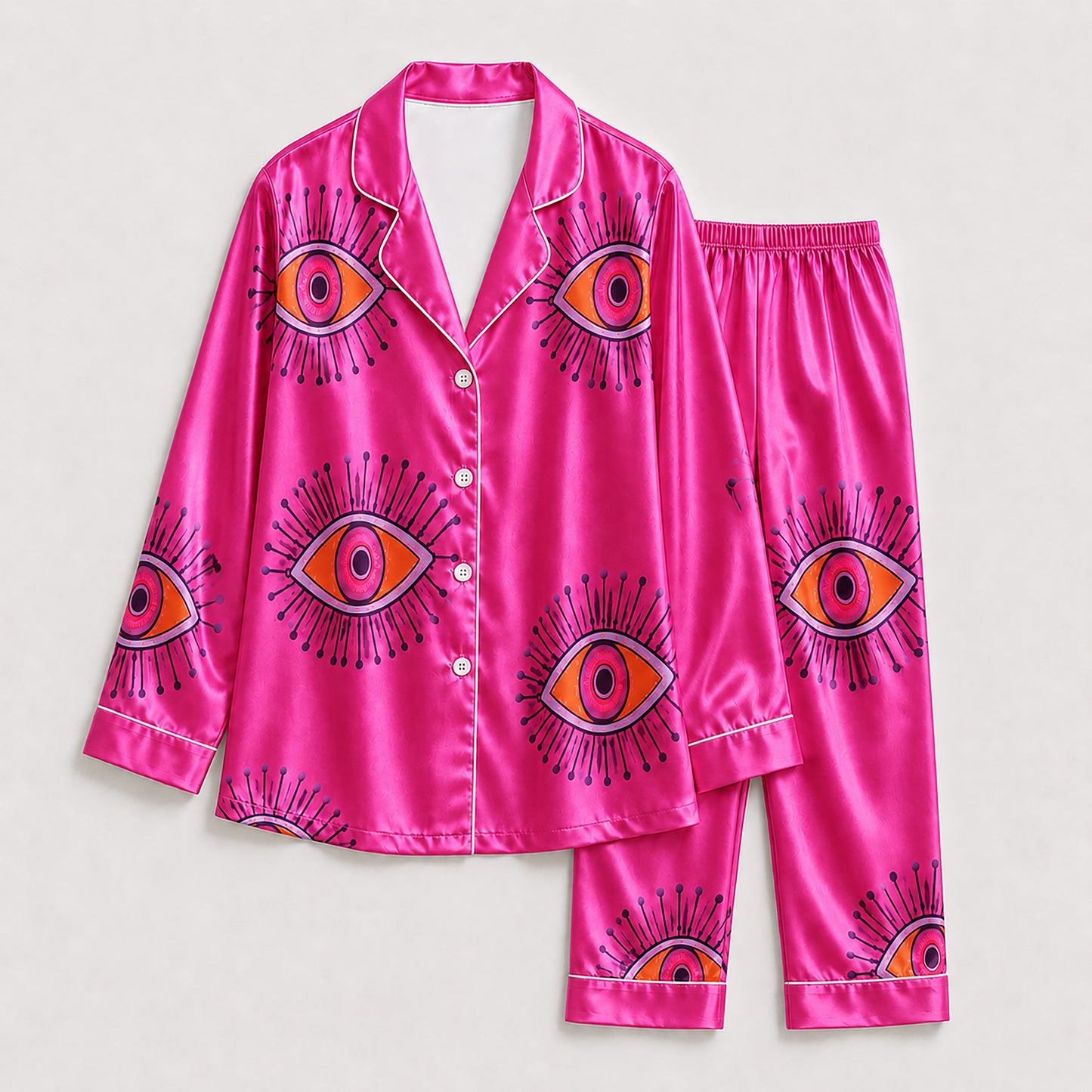 PJ-166-Unisex Satin Pajama Set with Evil Eye Boho Print Button Down Sleepwear Shirt and Bottoms FREE SHIPING