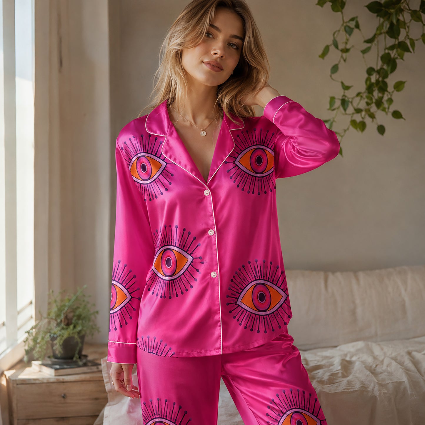 PJ-166-Unisex Satin Pajama Set with Evil Eye Boho Print Button Down Sleepwear Shirt and Bottoms FREE SHIPING