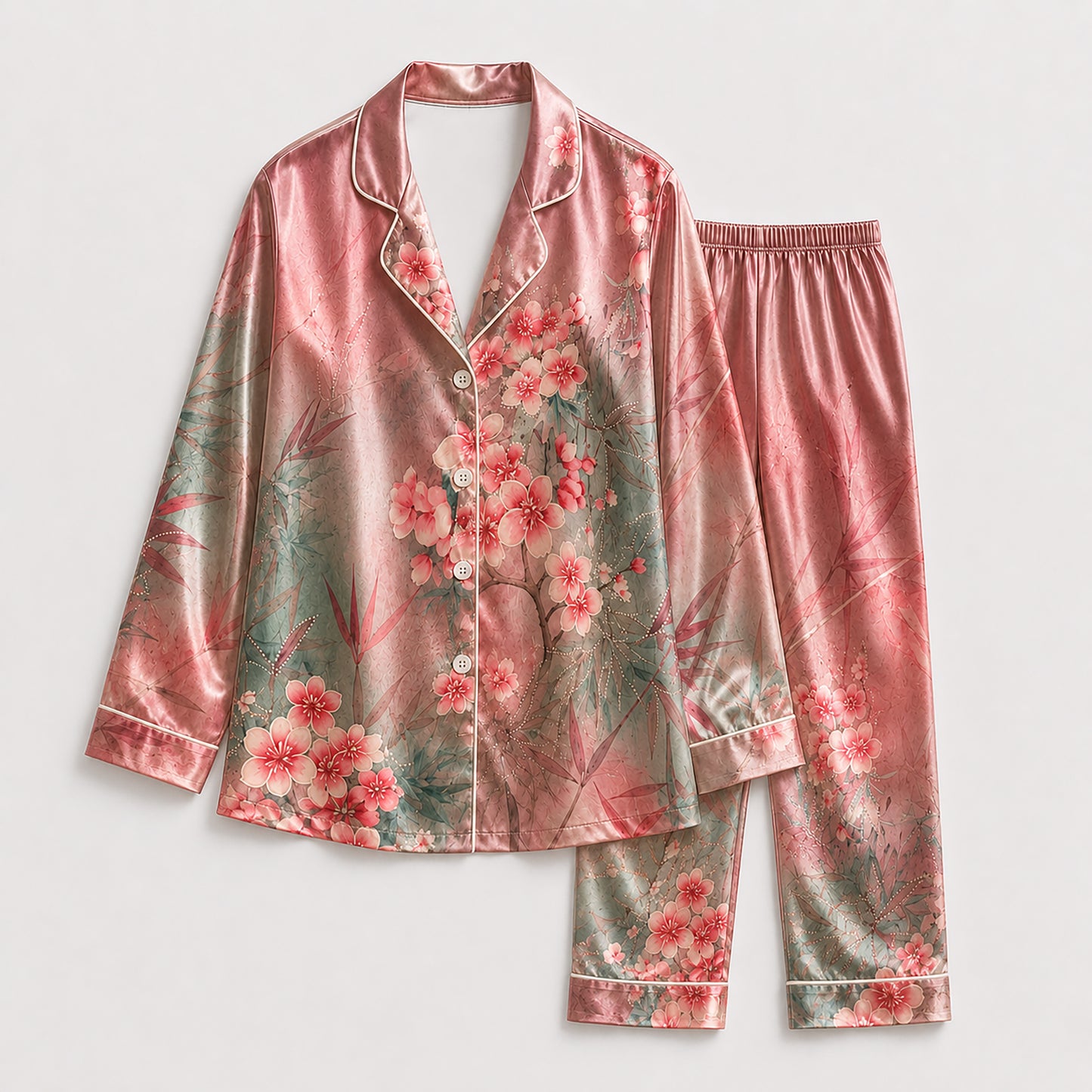 PJ-169-Satin Ombre Rose Cherry Blossom White Piping Button Up Pajama Set FREE SHIPING