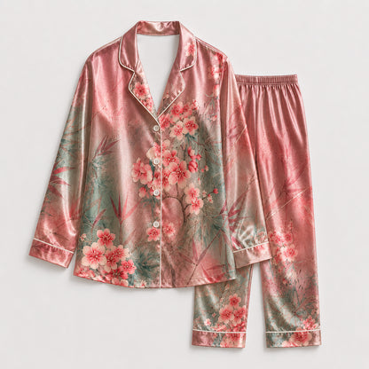 PJ-169-Satin Ombre Rose Cherry Blossom White Piping Button Up Pajama Set FREE SHIPING