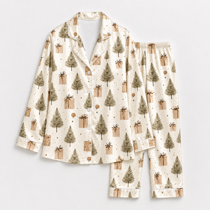 PJ-1694-"Rustic Christmas Tree Satin Pajama Set with Wrapped Gifts and Neutral Vintage Holiday Pattern for Cozy Sleepwear "