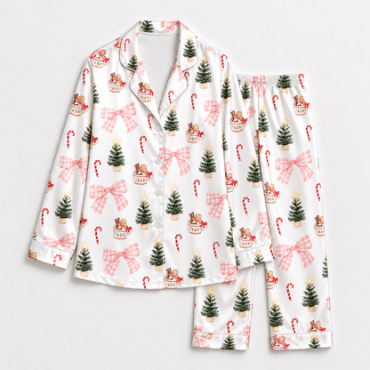 PJ-1696-"Christmas Tree Satin Pajama Set with Pink Gingham Bows Candy Canes Gingerbread Mugs and Festive Holiday Pattern for Cozy Sleepwear "