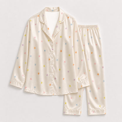PJ-170-Satin Ivory Pastel Star Classic Piping Button Up Pajama Set FREE SHIPING
