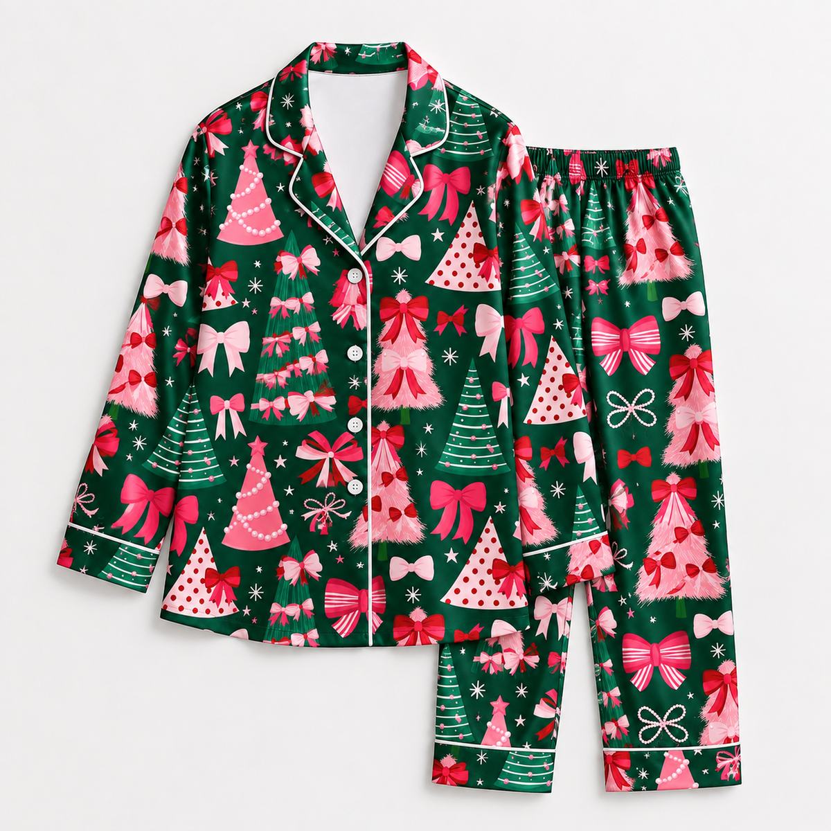 PJ-1700-"Pink Bow Christmas Satin Pajama Set with Christmas Trees Ribbons Stars and Festive Green Holiday Pattern for Cozy Sleepwear "