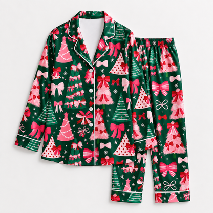 PJ-1700-"Pink Bow Christmas Satin Pajama Set with Christmas Trees Ribbons Stars and Festive Green Holiday Pattern for Cozy Sleepwear "