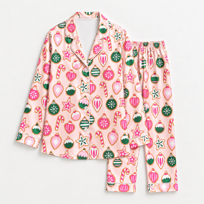 PJ-1706-"Pink Christmas Satin Pajama Set with Ornaments Candy Canes Stars Snowflakes and Colorful Festive Holiday Pattern for Cozy Sleepwear "