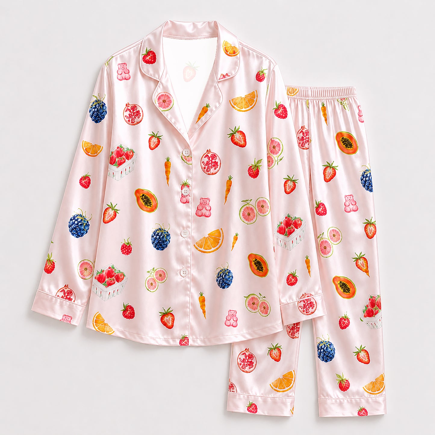 PJ-171-Satin Blush Pink Tutti Frutti Classic Piping Button Up Pajama Set FREE SHIPING