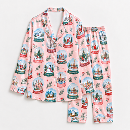 PJ-1711-"Pink Christmas Snow Globe Satin Pajama Set with Snowmen Winter Villages Trees and Festive Holiday Pattern for Cozy Sleepwear "