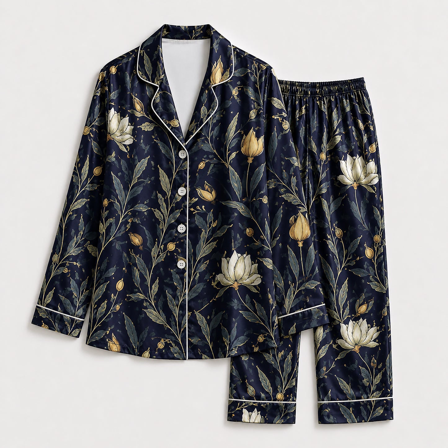 PJ-172-Satin Midnight Navy Botanical White Piping Button Up Pajama Set FREE SHIPING