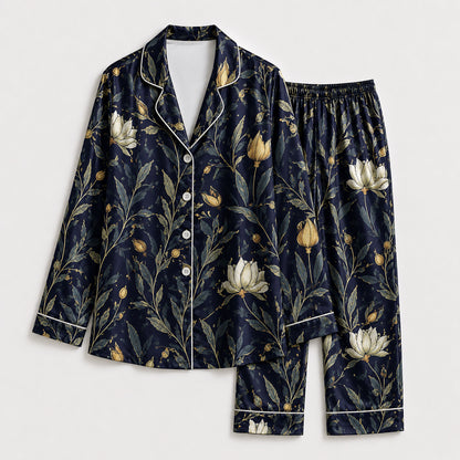 PJ-172-Satin Midnight Navy Botanical White Piping Button Up Pajama Set FREE SHIPING