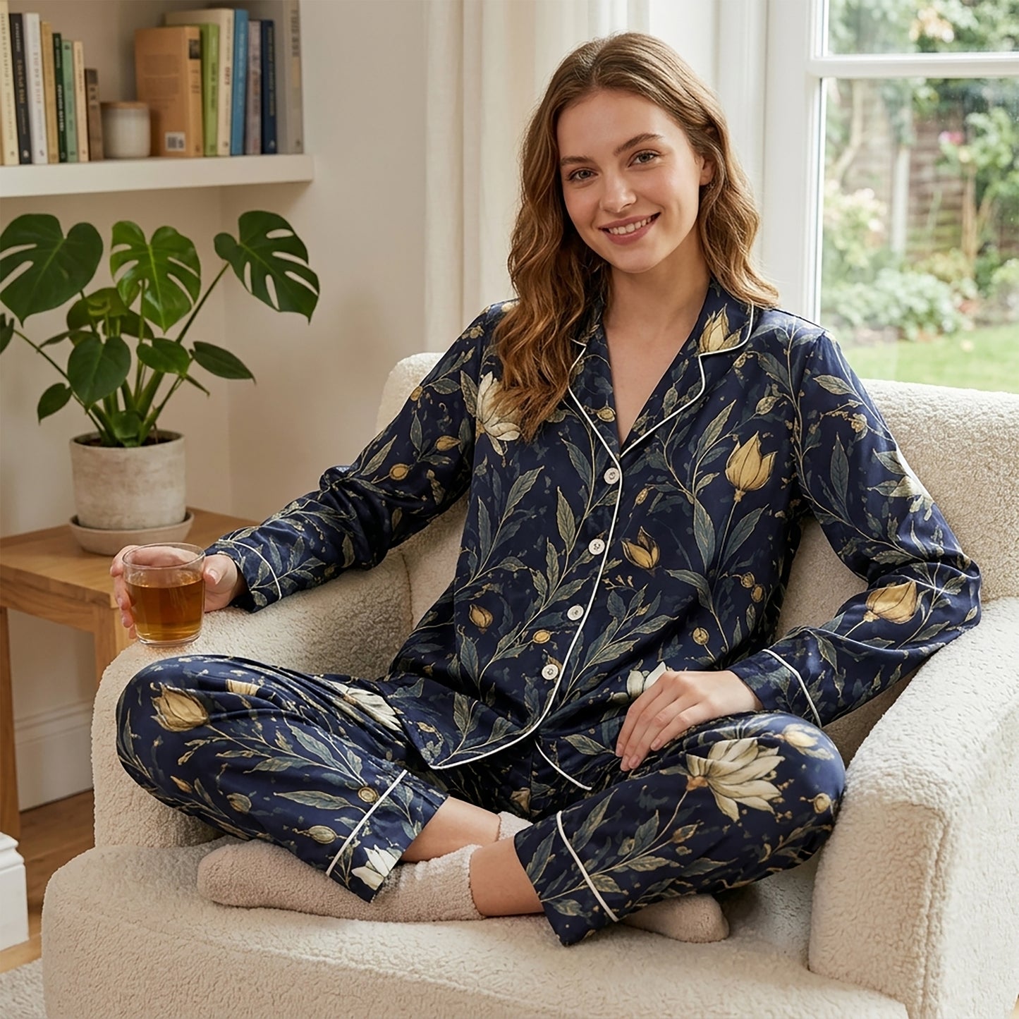 PJ-172-Satin Midnight Navy Botanical White Piping Button Up Pajama Set FREE SHIPING