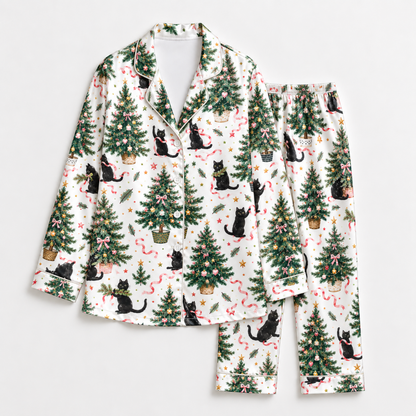 PJ-1725-"Black Cat Christmas Satin Pajama Set with Decorated Christmas Trees Candy Canes Stars and Festive Holiday Pattern for Cozy Sleepwear "
