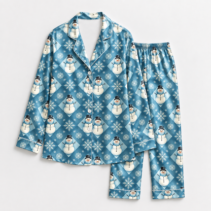 PJ-1729-Blue Snowman Satin Pajama Set with Snowflakes and Frosty Winter Wonderland Pattern for Cozy Christmas Sleepwear