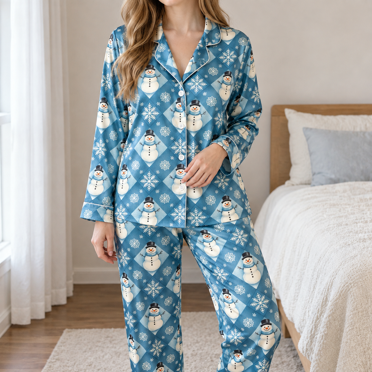 PJ-1729-Blue Snowman Satin Pajama Set with Snowflakes and Frosty Winter Wonderland Pattern for Cozy Christmas Sleepwear