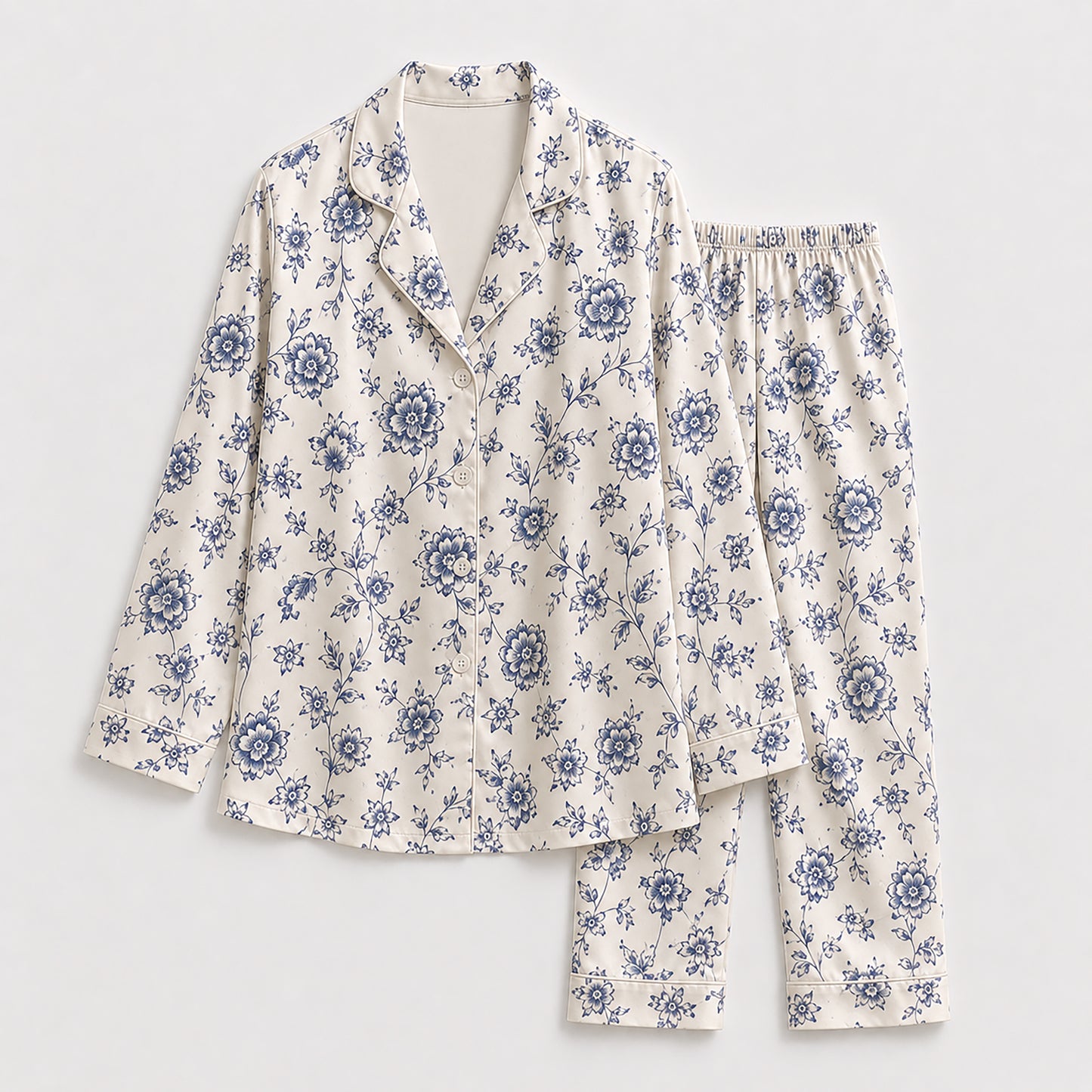 PJ-173-Satin Ivory Blue Porcelain Floral Classic Piping Button Up Pajama Set FREE SHIPING