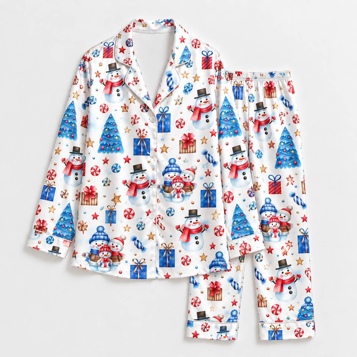 PJ-1730-"Christmas Snowman Satin Pajama Set with Blue Christmas Trees Candy Canes Gifts Stars and Festive Winter Holiday Pattern for Cozy Sleepwear "