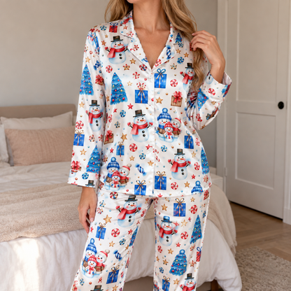 PJ-1730-"Christmas Snowman Satin Pajama Set with Blue Christmas Trees Candy Canes Gifts Stars and Festive Winter Holiday Pattern for Cozy Sleepwear "