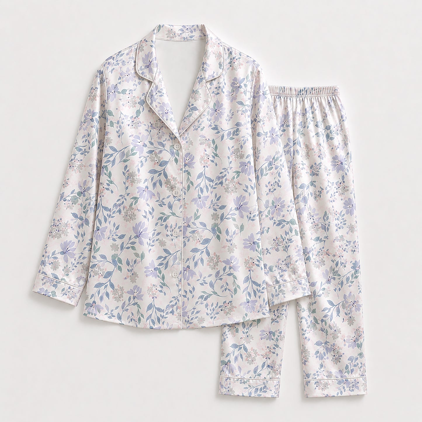 PJ-174-Satin White Pastel Lilac Floral Classic Piping Button Up Pajama Set FREE SHIPING