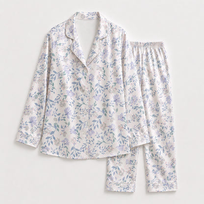 PJ-174-Satin White Pastel Lilac Floral Classic Piping Button Up Pajama Set FREE SHIPING