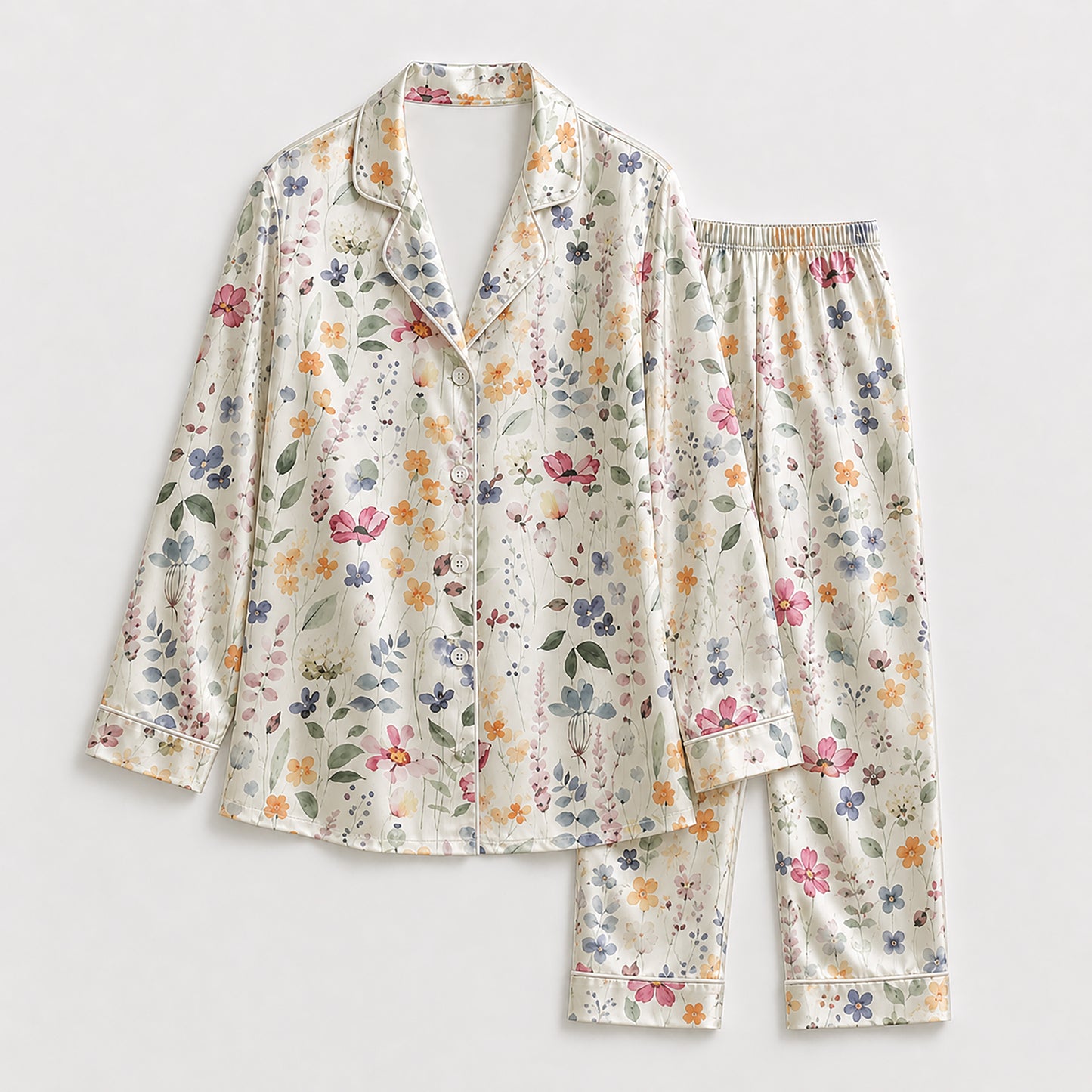 PJ-175-Pastel Floral Satin Pajama Set With Button Up Shirt And Soft Matching Bottoms FREE SHIPING