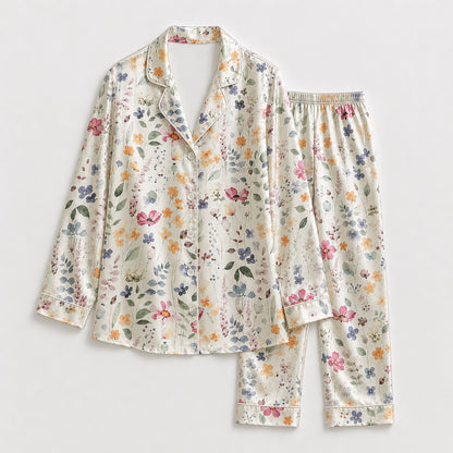 PJ-175-Pastel Floral Satin Pajama Set With Button Up Shirt And Soft Matching Bottoms FREE SHIPING