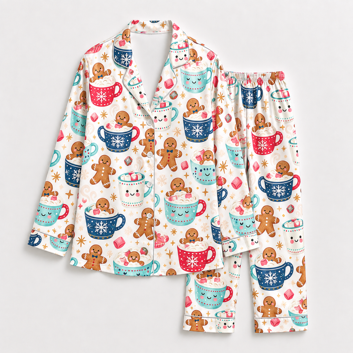 PJ-1754-"Gingerbread Hot Cocoa Satin Pajama Set with Christmas Mugs Marshmallows Candy Canes and Festive Winter Pattern for Cozy Sleepwear "