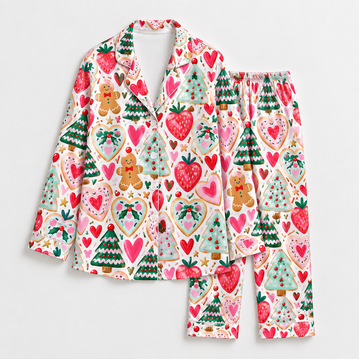 PJ-1757-"Gingerbread Strawberry Satin Pajama Set with Christmas Trees Hearts Candy Canes and Festive Holiday Pattern for Cozy Sleepwear "