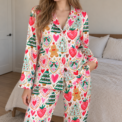 PJ-1757-"Gingerbread Strawberry Satin Pajama Set with Christmas Trees Hearts Candy Canes and Festive Holiday Pattern for Cozy Sleepwear "