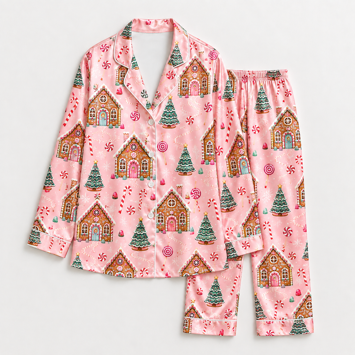 PJ-1758-Gingerbread House Satin Pajama Set with Christmas Trees Candy Canes Peppermints and Sweet Pink Holiday Pattern for Cozy Sleepwear