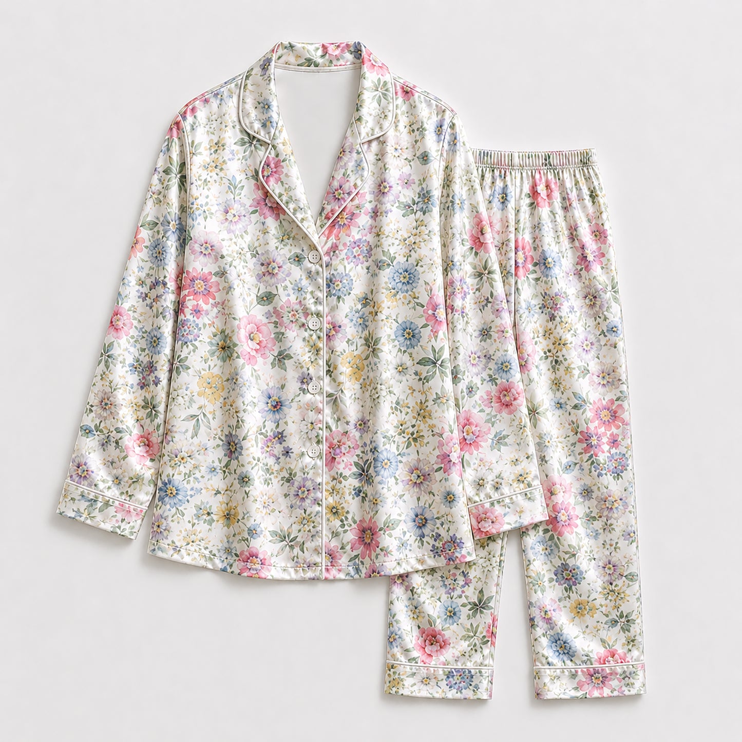 PJ-176-Garden Floral Satin Pajama Set With Button Up Top And Soft Matching Sleepwear Bottoms FREE SHIPING