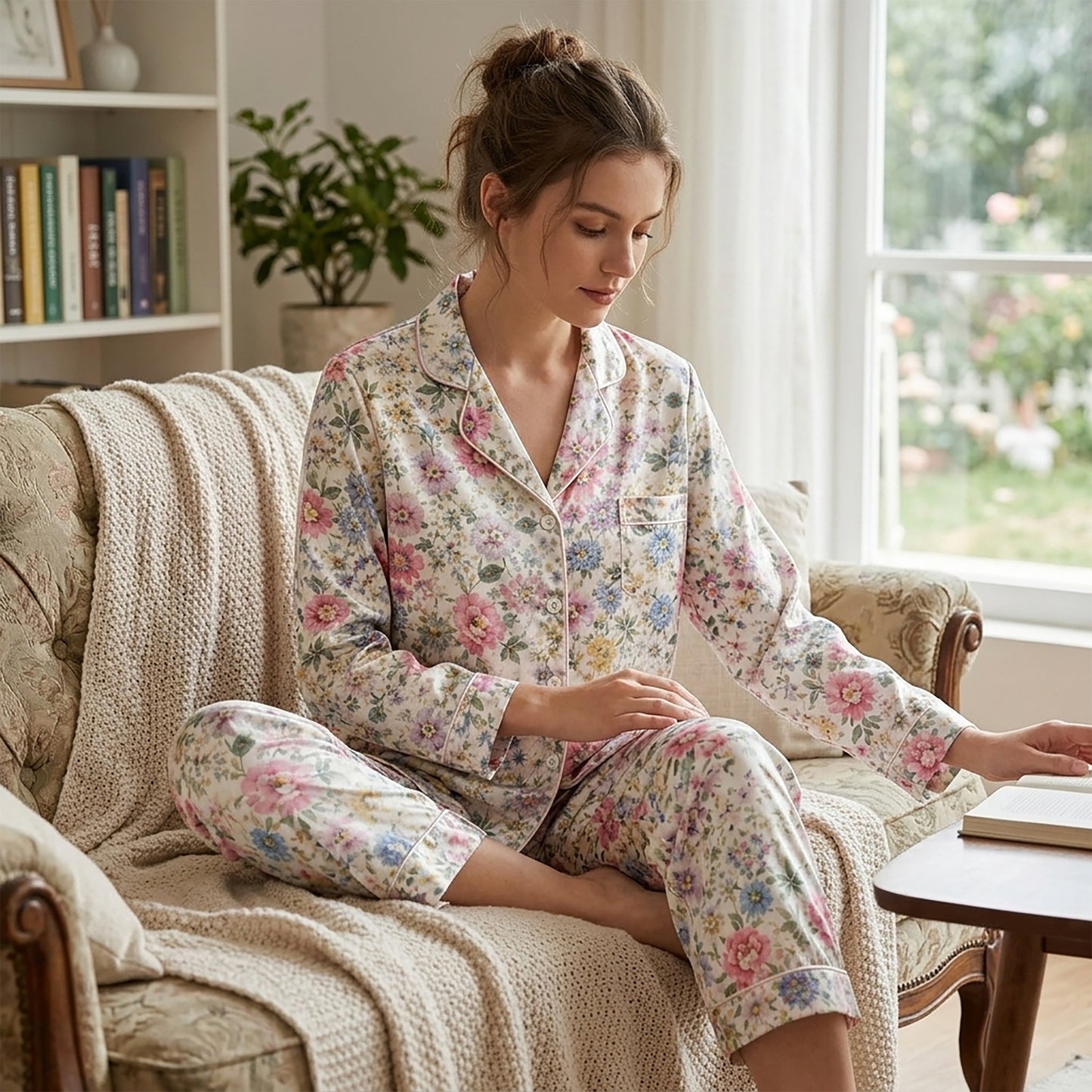 PJ-176-Garden Floral Satin Pajama Set With Button Up Top And Soft Matching Sleepwear Bottoms FREE SHIPING