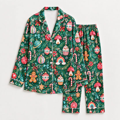 PJ-1763-Christmas Gingerbread Satin Pajama Set with Candy Canes Mushrooms Cupcakes Ornaments and Festive Holiday Garden Pattern for Cozy Sleepwear