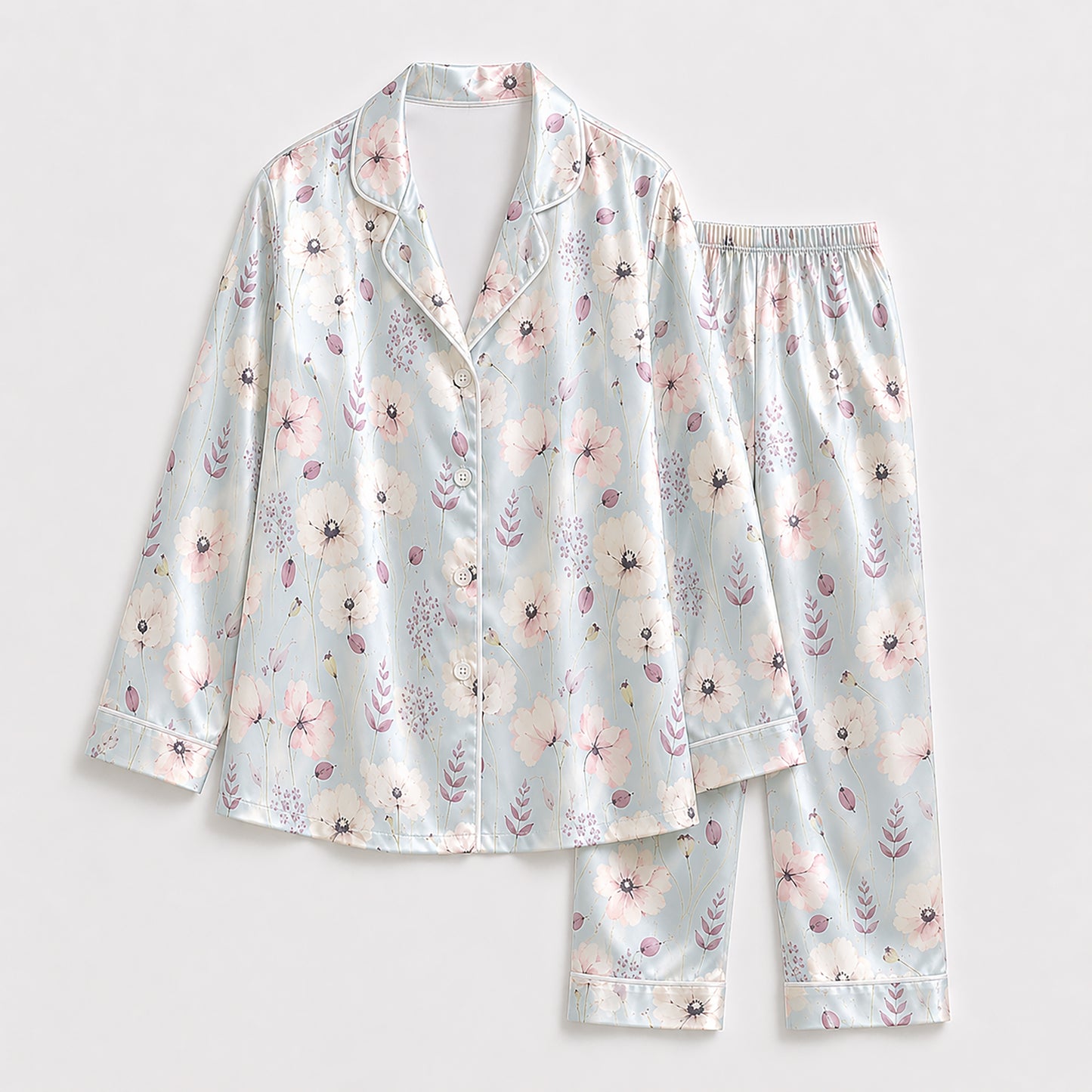 PJ-177-Pastel Blue Flower Satin Sleepwear Set With Botanical Print And Comfortable Matching Pajama Bottoms FREE SHIPING