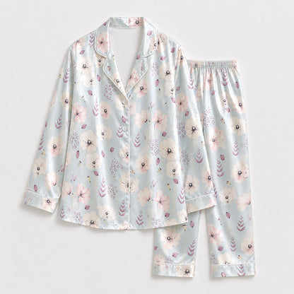 PJ-177-Pastel Blue Flower Satin Sleepwear Set With Botanical Print And Comfortable Matching Pajama Bottoms FREE SHIPING