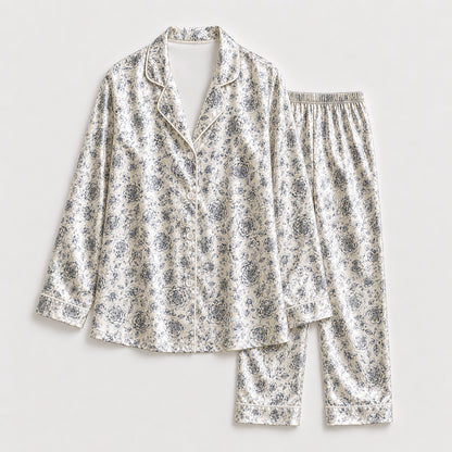 PJ-178-Vintage Floral Satin Sleepwear Set With Button Up Shirt And Comfortable Matching Pajama Bottoms FREE SHIPING