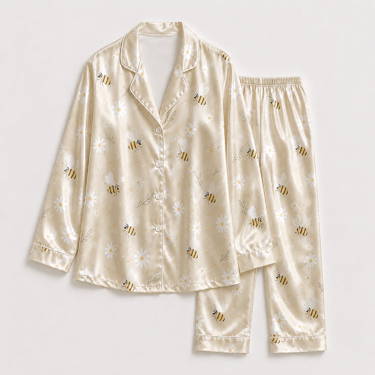PJ-179-Honeybee Daisy Satin Pajama Set With Button Up Top And Soft Matching Sleepwear Bottoms FREE SHIPING