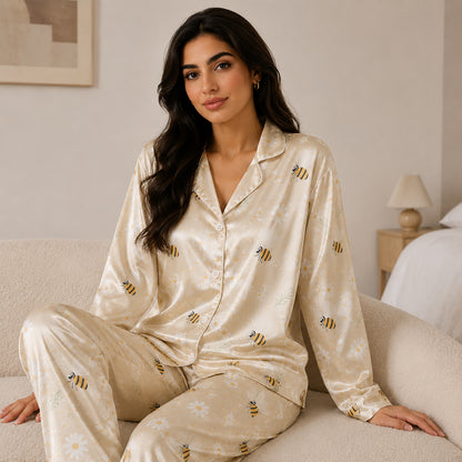PJ-179-Honeybee Daisy Satin Pajama Set With Button Up Top And Soft Matching Sleepwear Bottoms FREE SHIPING